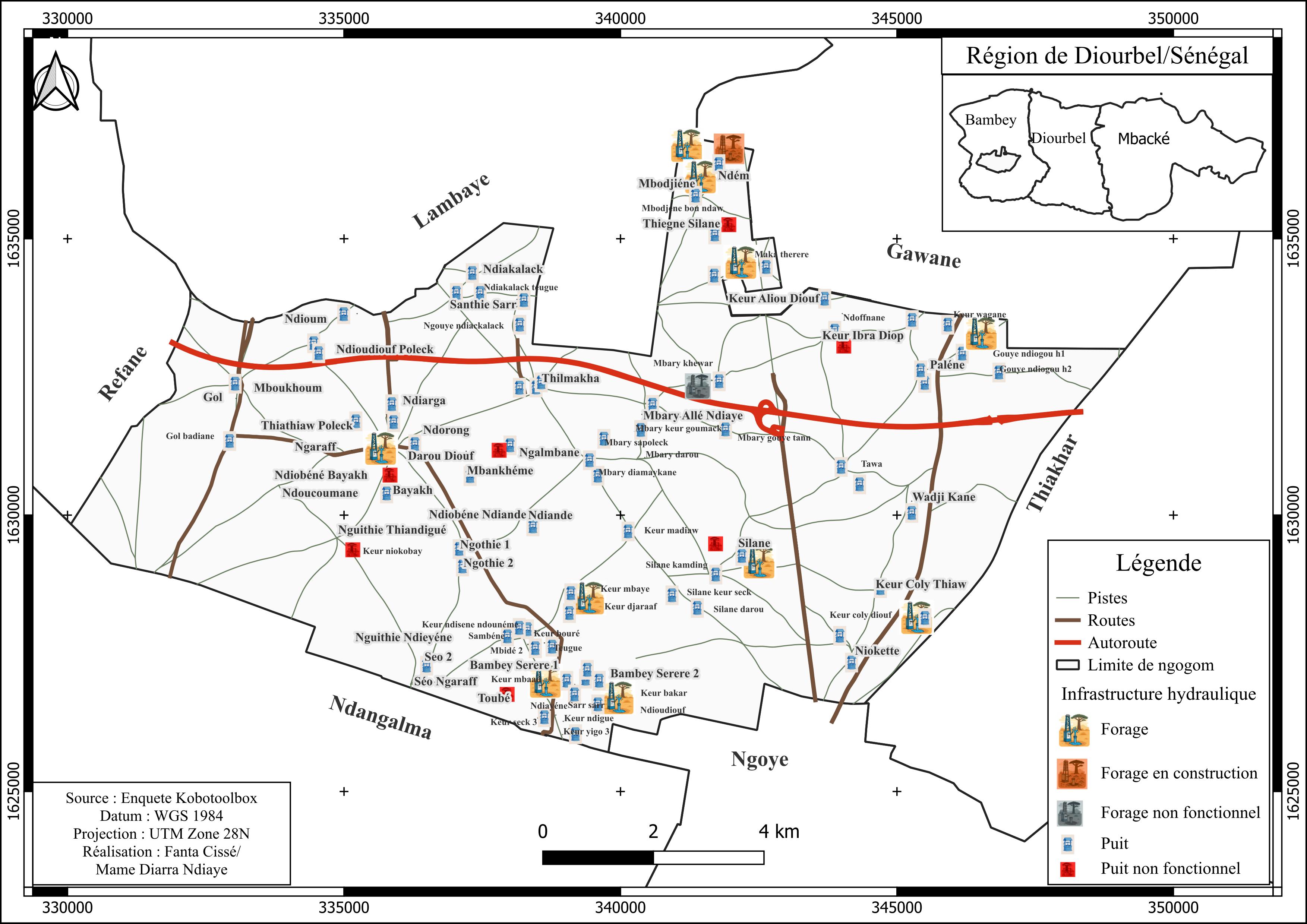 Carte des infrastructures hydrauliques de Ngogom