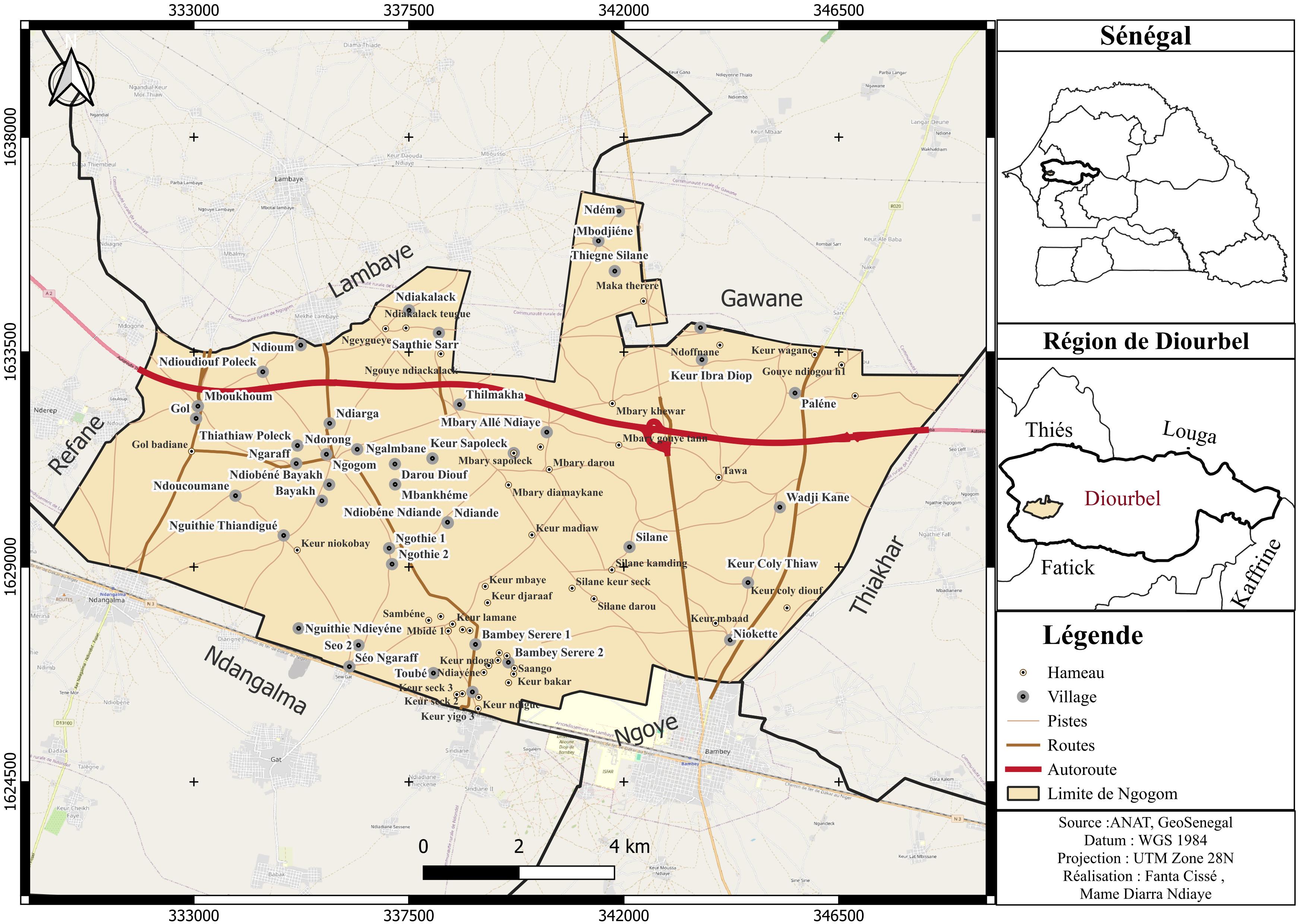 Carte des hameaux, villages et réseau routier de Ngogom